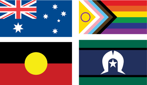 Australian flag, Progress Pride flag, Aboriginal Australian flag, Torres Strait Islander flag